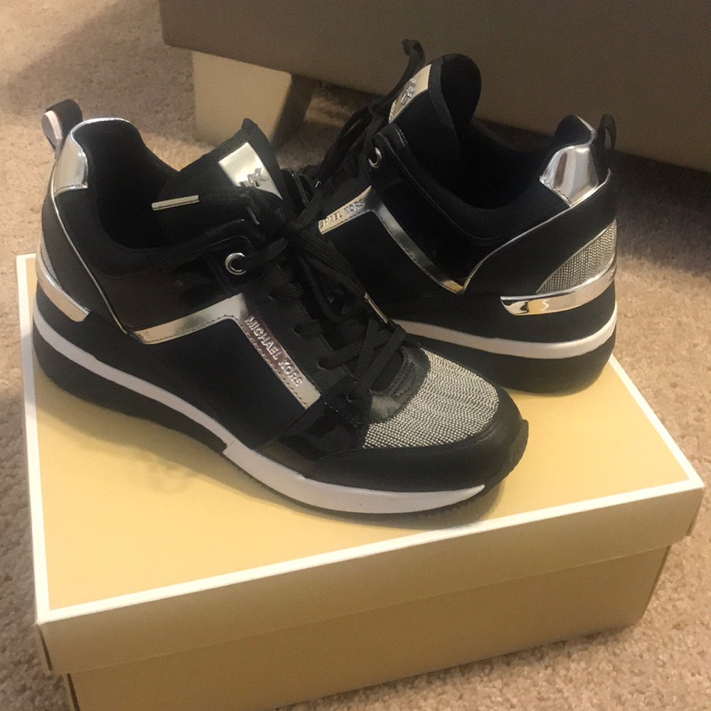 Michael Kors Black and Silver Platform Sneakers Georgie wedge